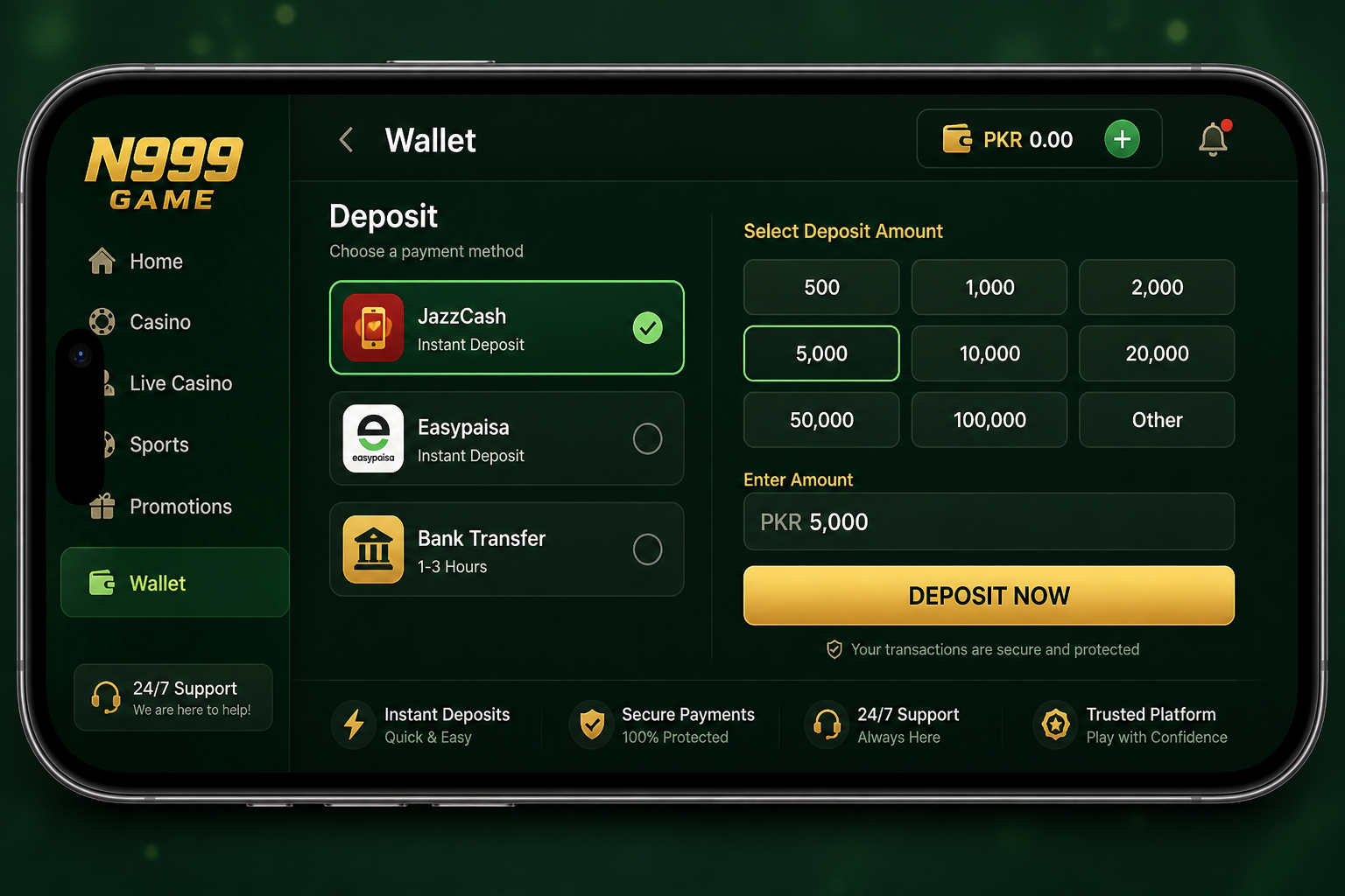 N999 Game wallet deposit options for Pakistani users